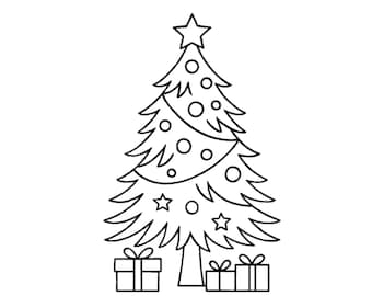May include: A black and white line drawing of a Christmas tree decorated with ornaments and a star on top. Presents are at the base of the tree, all in a simple, minimalist style.