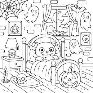 10 Printable pages, Spooky Cutie page, Relaxation Coloring Book, Halloween art pdf, Commersial Use image 10