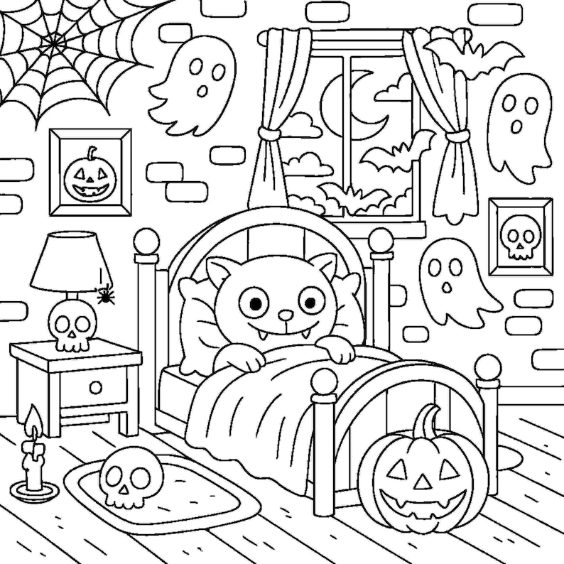 10 Printable pages, Spooky Cutie page, Relaxation Coloring Book, Halloween art pdf, Commersial Use image 10