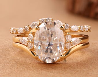 10K ok 14K Solid Gold 3 Piece Moissanite Engagement Ring Set, 3 ct Moissanite Oval Cut Solitaire Ring & Wedding Band Bridal Set for Her