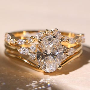 3 CT Oval Cut Moissanite Trio Bridal Ring Set Engagement Ring Set 14K Yellow Gold Wedding Ring With Two Matching Band Anniversary Ring Set