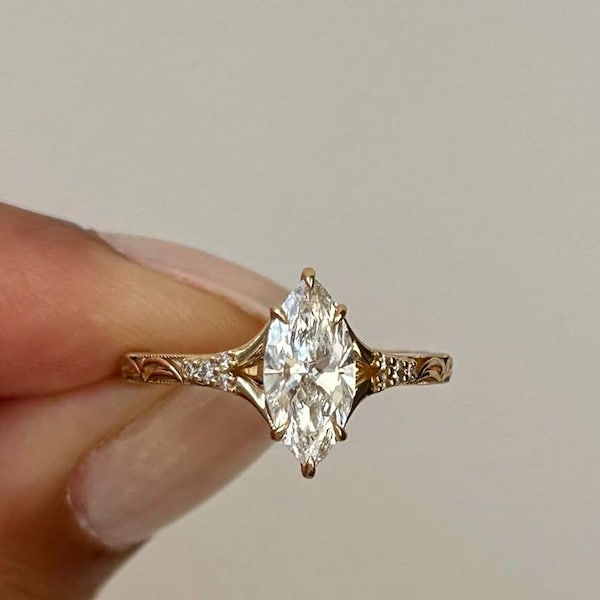 Vintage Marquise Moissanite Diamond Engagement Ring, Filigree Wedding Ring, 6 Prongs Anniversary Diamond Ring For Her, Marquise Hidden Halo