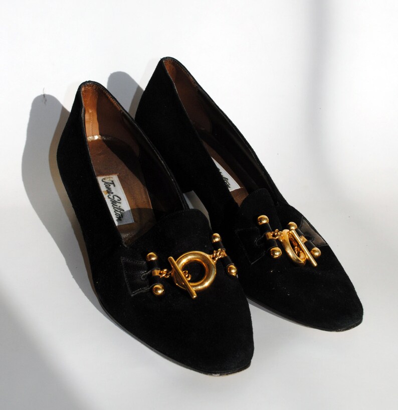 Vintage Jane Shilton Black Suede Pilgrim Loafers with Buckle Size 35