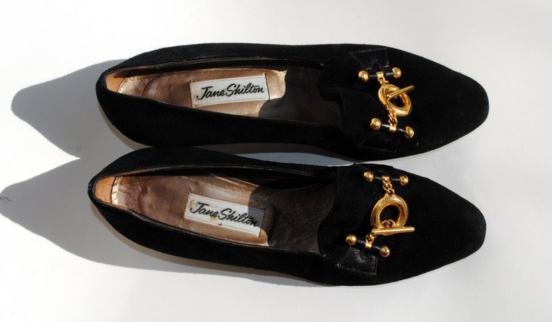 Vintage Jane Shilton Black Suede Pilgrim Loafers with Buckle Size 35
