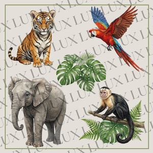 May include: A detailed illustration of a tiger cub, an elephant, a colourful parrot, and a monkey. The image also includes tropical leaves, all set against a neutral background.