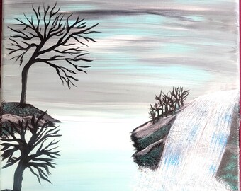 May include: Acrylic painting of a landscape featuring a waterfall and two trees. The sky is painted in shades of gray and blue. The waterfall is white with blue accents, and the trees are black.