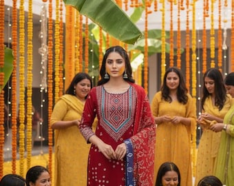 Traje pakistaní rojo bordado / Shalwar Kameez festivo con dupatta estampada