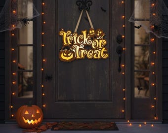 May include: A Halloween-themed front door with a glowing "Trick or Treat" sign, a carved pumpkin, and string lights. The door is dark brown, with spiderwebs and spiders. The pumpkin is lit from within.