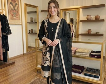 Salwar Kameez negro y dorado bordado / Traje de diseñador pakistaní con dupatta