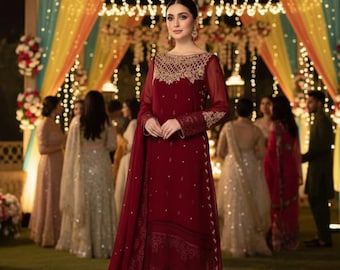Rödbrun broderad pakistansk chiffongkostym | Handgjord bröllopsoutfit | Mycket begränsat lager för eid