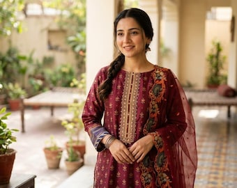 Conjunto de kurta bordado color granate para mujer / Atuendo étnico pakistaní para bodas y fiestas