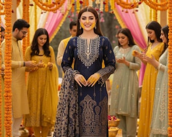 Salwar Kameez bordado azul marino / Traje de boda pakistaní