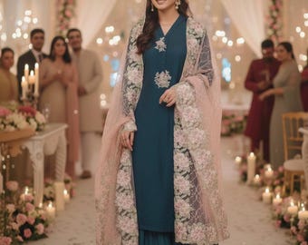 Traje real pakistaní bordado / Sharara verde azulado, dupatta de red floral