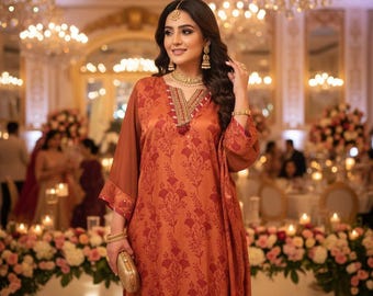 Vestido caftán de seda bordado / Traje de boda pakistaní naranja óxido