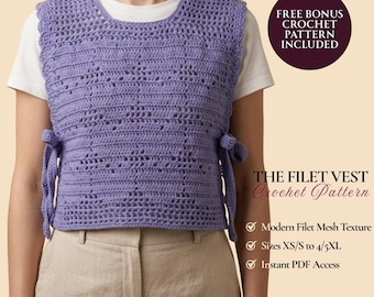 Filet Heart Crochet Vest Pattern - Boho Side-Tie Mesh Top, Sizes XS-5XL Inclusive, Intermediate Summer Layering PDF