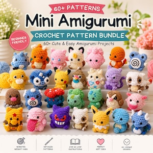 May include: A digital graphic for a 60+ Mini Amigurumi crochet pattern bundle featuring numerous small, colorful, crocheted creatures arranged on tiered white shelves. The text reads 60+ PATTERNS, Mini Amigurumi, CROCHET PATTERN BUNDLE.