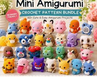 May include: A digital graphic for a 60+ Mini Amigurumi crochet pattern bundle featuring numerous small, colorful, crocheted creatures arranged on tiered white shelves. The text reads 60+ PATTERNS, Mini Amigurumi, CROCHET PATTERN BUNDLE.