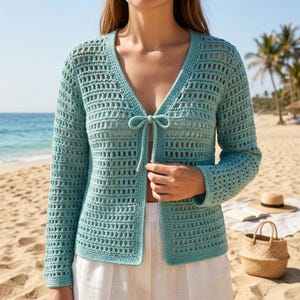 Boho Crochet Mesh Cardigan Pattern PDF - Lightweight V-Neck Summer Sweater, Sizes XS to 5XL, Instant Download