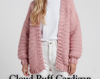 Modello per cardigan all'uncinetto Cloud Puff, effetto maglia grossa, XS-3XL (modello PDF)