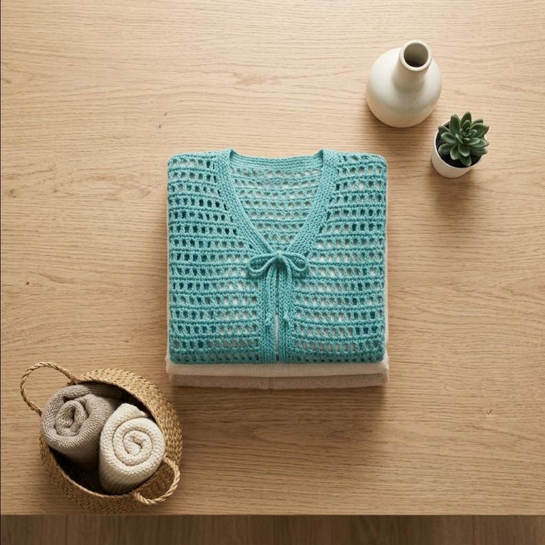 May include: A folded turquoise crochet cardigan with a V-neck and tie closure, resting on a stack of folded fabric. A small woven basket holds rolled towels. A white vase and potted succulent sit nearby on a wooden surface.