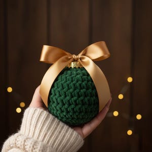 以下が含まれることがあります： 濃い緑色のクロッシェ編みの質感が特徴の球状のクリスマスオーナメント。オーナメントの上部には、滑らかなメタリックゴールドのサテンリボンが結ばれており、中央の金色の金属製キャップで固定されています。