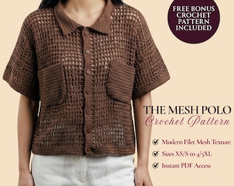 Crochet Mesh Polo Pattern PDF, Button Down Summer Top, Short Sleeve with Chest Pockets, XS-5XL, Instant Download