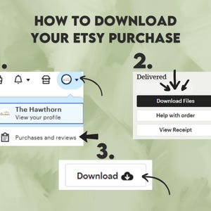 May include: A step-by-step guide on how to download an Etsy purchase. The image shows numbered instructions with screenshots of the Etsy website, including the profile, download files, and download button. The text reads "How to Download Your Etsy Purchase."