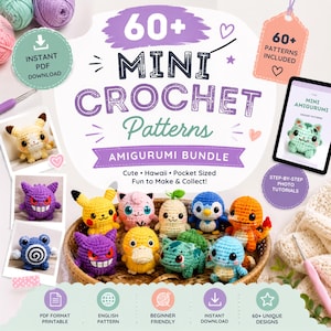 Könnte beinhalten: Ein digitales Bündel mit über 60 Mini-Häkelanleitungen für Amigurumi-Designs. Das Bild zeigt verschiedene bunte gehäkelte Kreaturen, darunter gelbe, lila, rosa und blaue Figuren, die in einem Korb mit Textüberlagerungen angeordnet sind.