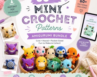 May include: A digital collection of 60+ mini crochet patterns featuring amigurumi designs. The image displays various colorful crocheted creatures in a woven basket, alongside text, icons, and a tablet showing a pattern example.
