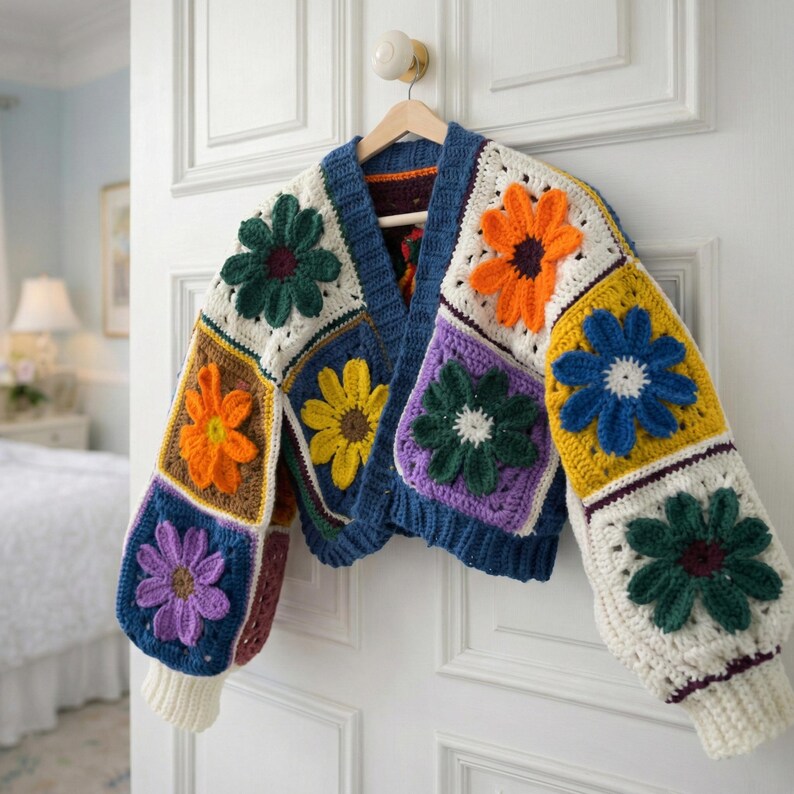 May include: A colorful, handmade crochet cardigan with a floral design. The sweater features square panels in white, blue, yellow, orange, purple, and green, each adorned with a 3D flower. The cardigan is hanging on a wooden hanger.