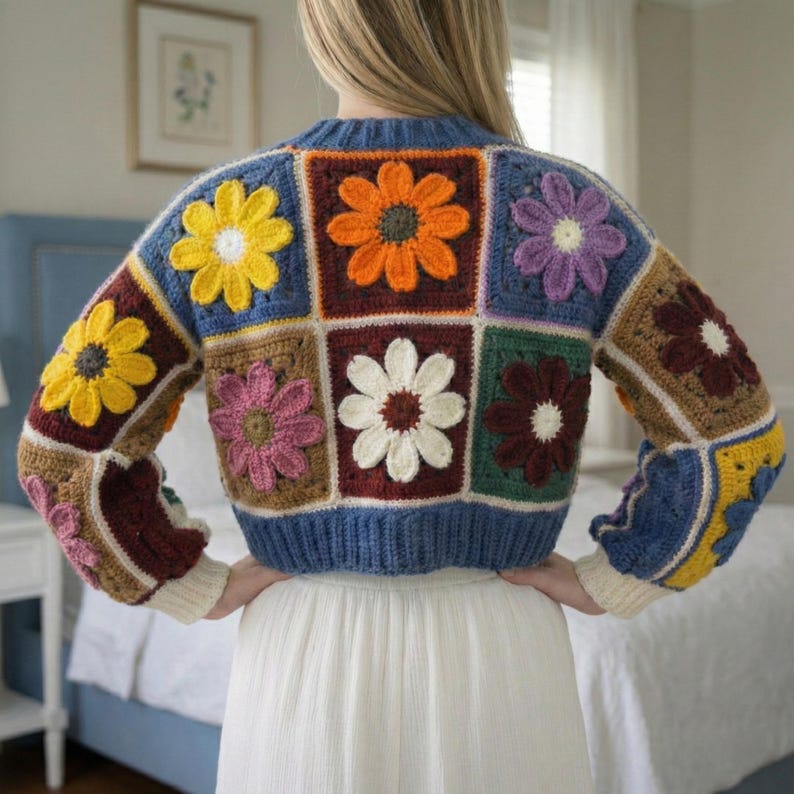May include: A colorful, crocheted sweater featuring a patchwork design with large, three-dimensional flower appliqu&eacute;s. The sweater has a blue base with squares of various colors, each showcasing a different flower in shades of yellow, orange, purple, pink, and white.