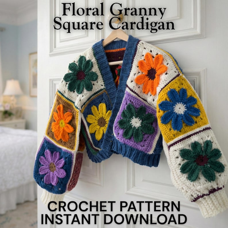May include: A colorful, crocheted cardigan with floral granny squares. The sweater features a blue collar and cuffs, with various flower designs in orange, yellow, green, and purple. Text on the image reads "Floral Granny Square Cardigan" and "CROCHET PATTERN INSTANT DOWNLOAD."