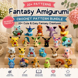 May include: A collection of twenty-plus crocheted fantasy creatures arranged on a tiered wooden display. The text reads 20+ PATTERNS Fantasy Amigurumi CROCHET PATTERN BUNDLE 20+ Cute & Easy Fantasy Creatures. Icons show yarn, a hook, a book, a heart, and a star.