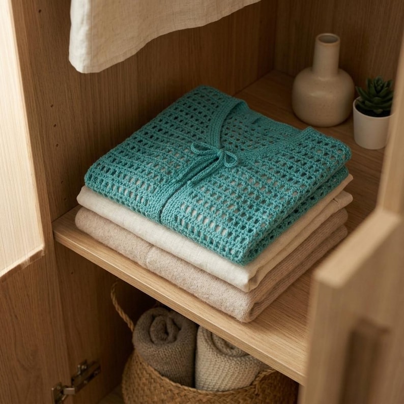 May include: A stack of folded clothing items on a wooden shelf. The top item is a turquoise open-weave sweater with a tie closure. Below it are folded items in white and beige. A small vase and potted plant are visible.