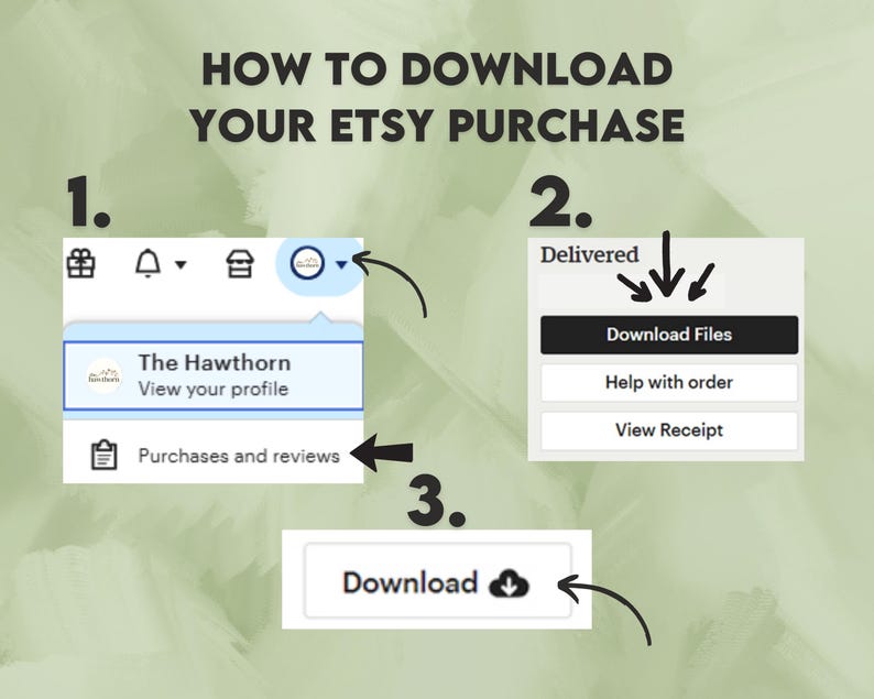 May include: A step-by-step guide on how to download an Etsy purchase. The image shows numbered instructions with screenshots of the Etsy website, including the profile, download files, and download button. The text reads "How to Download Your Etsy Purchase."