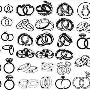 Könnte beinhalten: Eine Sammlung von Schwarz-Weiß-Illustrationen von Eheringen. Die Designs umfassen verschiedene Stile, wie Bänder mit Diamanten, Herzakzenten und ineinander verschlungenen Ringen, geeignet für Projekte zum Thema Hochzeit.