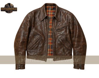 Handmade 1930s A2 Leather Jacket: Distressed Brown Cowhide, Check Lining
