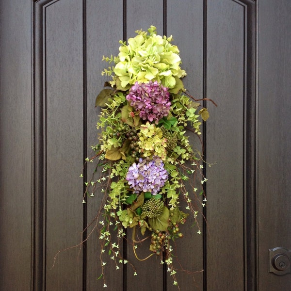 Spring Wreath Summer Wreath Teardrop Twig Door Swag Vertical Decor..."Now and Forever" Green Purple Hydrangea Wispy Floral Swag Door Decor