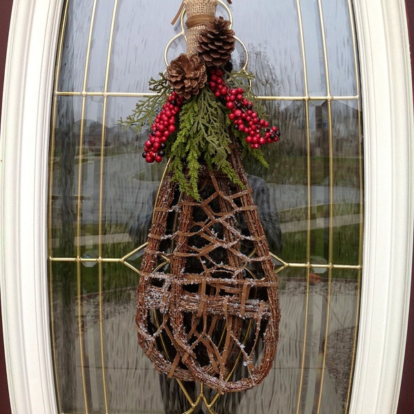 Christmas Wreath Winter Wreath Holiday Vertical Teardrop Swag Door Decor.."Snow Shoes"