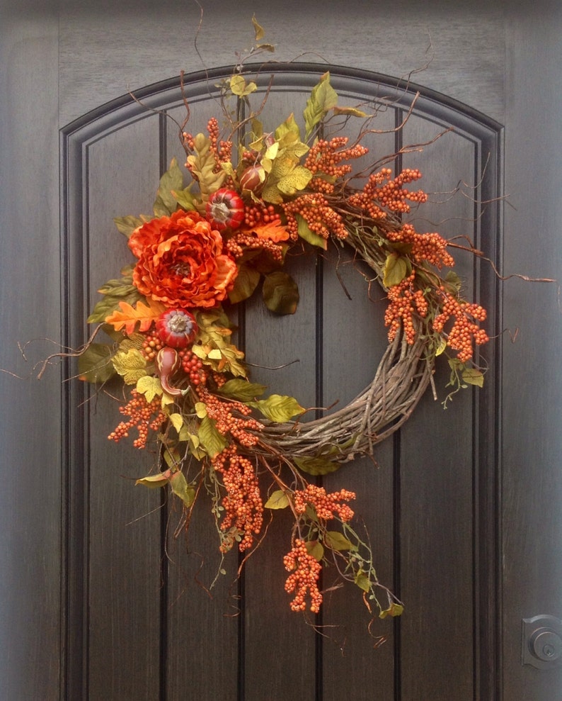 Fall Wreath Thanksgiving Wreath Halloween Orange Berry Branches Wispy Twig Grapevine Door Wreath Decor Indoor Outdoor Decoration