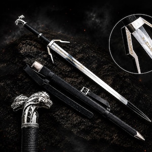 Witcher Geralt Silver handmade Sword Collectible, Wolf Sword Replica Fantasy, Display Gift for Him