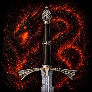 May include: A sword with a black handle, a metallic pommel featuring a triangular pattern, and a crossguard with flared, textured ends. The blade displays a distinct wavy, layered metal pattern, set against a dark background with fiery orange dragon imagery.