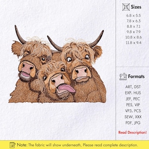 May include: An embroidered design featuring three Highland cows with expressive faces. The cows are depicted in shades of brown with detailed fur and horns. The design is available in various sizes, ranging from 6.8 x 5.5 inches to 11.8 x 9.4 inches.