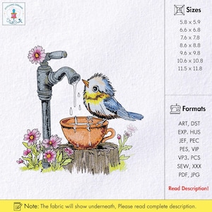 Sparrow Embroidery Design Little Bird and Teacup Tap Machine Embroidery Bird Thirsty Sparrow Embroidery Design Floral Design Little Birdie
