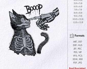Skeleton Black Cat Embroidery Design Funny Gothic Pattern Spooky Halloween File