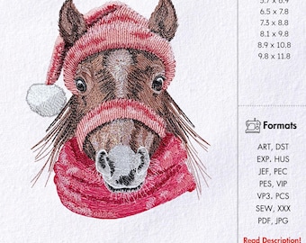 Horse with Santa Hat Embroidery Design, Christmas Horse (Digital Download)