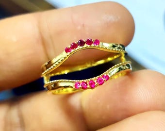 Red Ruby Round Cut Enhancer Ring, 14K Yellow Gold Finish, Sterling Silver