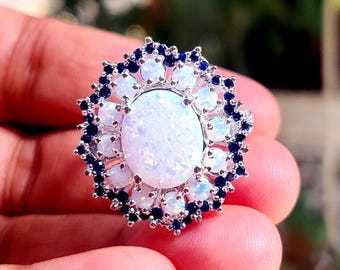 Oval Simulated Opal Halo Ring, 925 Sterling Silver, 14K White Gold Finish