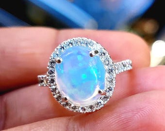 Simulated Opal Engagement Ring, Oval Halo, Sterling Silver