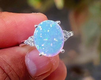 Simulated Fire Opal Oval Cut Engagement Ring 14K White Gold Finish 925 Sterling Silver